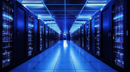 Fototapeta premium Data server racks in server room, modern telecommunication, artificial intelligence