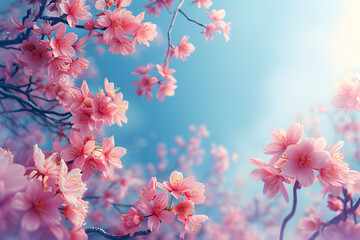 Spring branches of cherry blossoms against the sky. spring flowers and buds on a cherry tree against a sky blue background, Generative AI - obrazy, fototapety, plakaty
