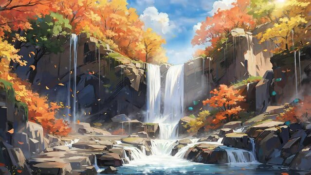 Surrounded by trees displaying their autumnal splendor, a waterfall graces the interior of the forest with its presence