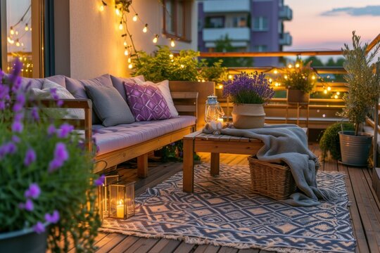 Cozy balcony garden at dusk with wooden furniture, purple potted lavender, and string lights.