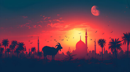 Eid al Adha poster with goat and mosque background, showcasing the traditional Islamic holiday celebration