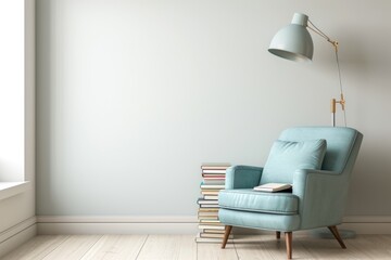Cozy reading nook with a pastel blue armchair and a stack of books beside a floor lamp. Place for text