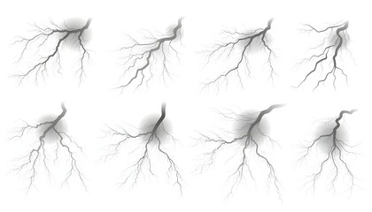 Set of silhouettes of thunderstorm lightning isolated on white