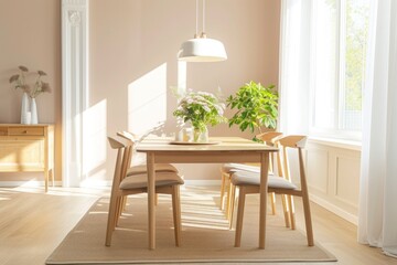 Sunlit dining space with a natural wood table, modern chairs, and vibrant plants on a beige rug, creating a warm, inviting atmosphere.