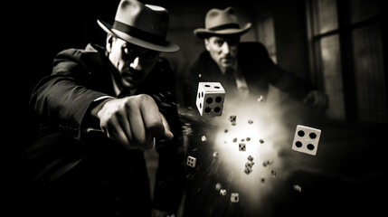 Two men in fedoras throwing dice, a dynamic close-up with a noir, cinematic feel. - obrazy, fototapety, plakaty