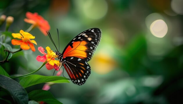 Closeup of a vibrant butterfly on a blooming flower, with a blurred background. Generative AI.