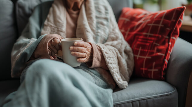 Uma idosa segurando uma caneca e sentada no sofá de casa