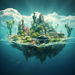 Surreal underwater landscape with floating islands 