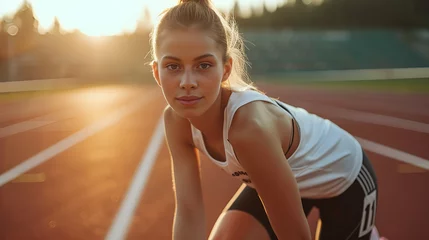 Tragetasche a young white woman athlete is relaxing on track, Generative AI © Jay