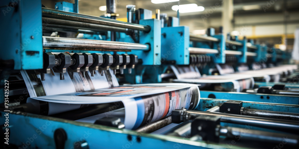 Aufkleber automated industrial offset printing press at high speed in a metallic workshop