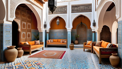 resting place, rest, Moroccan Retreat: Intricate tiles and exotic textiles transport to North African allure,Generative AI