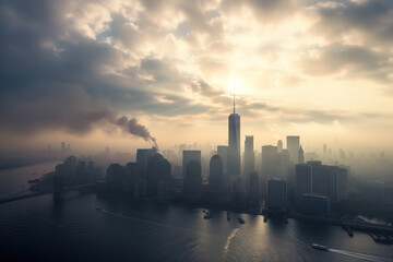 Manhattan skyline shrouded in mist fog morning at New York City AI Generative