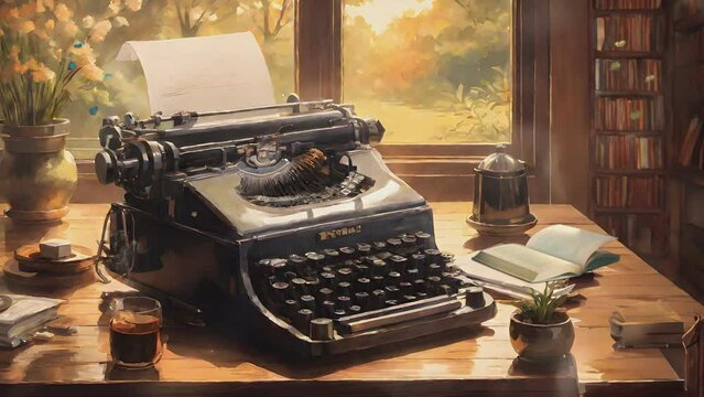 a room near the window in a house with an antique typewriter, books, a cup of coffee on the table. Animation with digital painting style, vintage Japanese cartoon or anime.