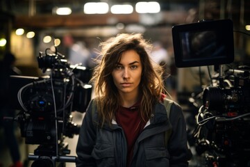 Behind the lens: A portrait of a focused woman camera operator amidst the chaos of a movie set