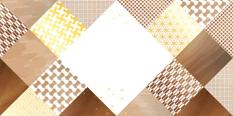 水彩風の和柄パターン、茶色とゴールドの四角の背景イラスト

