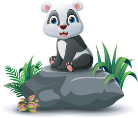 Cute baby panda cartoon sitting on the stone