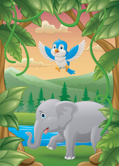 Cute blue bird and elephant cartoon in the jungle