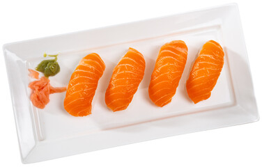 Japanese sushi sake nigiri with raw salmon served on platter. Isolated over white background