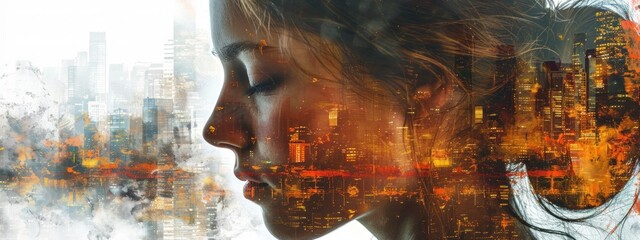 Artistic image of a woman's profile blended with fiery autumn colors of a cityscape.