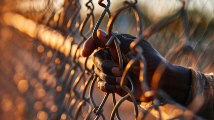 Fototapeta na wymiar Close-up of a hand gripping a chain-link fence, conveying a sense of longing or confinement.