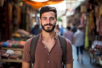 Fototapeta premium Portrait of a fashionable young man from the Middle East with a trendy beard and warm brown eyes, surrounded by the dynamic ambience of a local bazaar