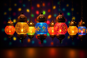 Ramadan card with many colorful Arabic lamps and space for text or logo, Ramadan Kareem, generative AI