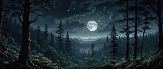 Fototapeta na wymiar Night forest illustration: Dark, lush trees, hidden moon