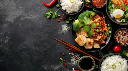 Delicious and healthy asian food on a black textured background, realistic, HD, copy space - generative ai