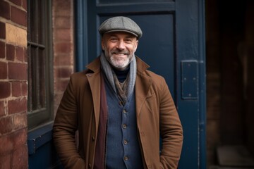 Portrait of a senior man with a gray beard in a brown coat and a gray cap standing in front of a blue door.