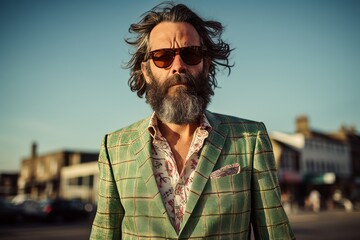 handsome bearded man with long beard and mustache on serious face in green checkered jacket and sunglasses on urban background