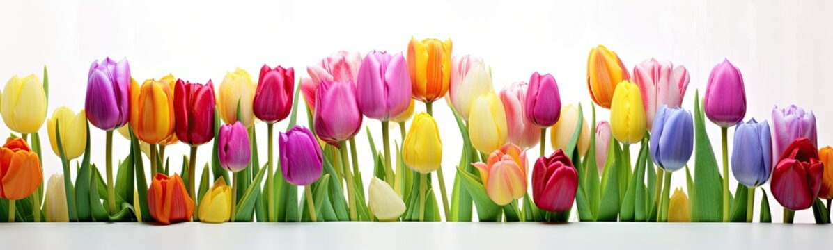 colorful tulips are in front of a white surface