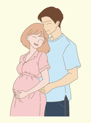 waiting, expecting a baby. Man and woman standing, back hugging. Hand drawn flat cartoon character vector illustration.