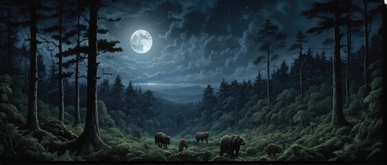 Night forest illustration: Dark, lush trees, hidden moon