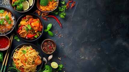 Obraz na płótnie Canvas Delicious and healthy asian food on a black textured background, realistic, HD, copy space - generative ai