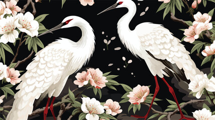 Seamless pattern with Japanese white cranes
