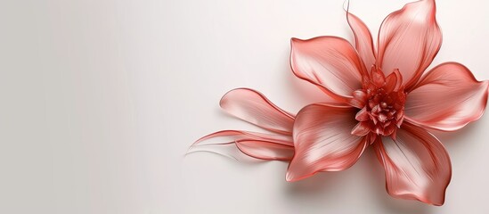A peach-colored flower with delicate petals is captured in a close up, creating a beautiful artistic gesture against a white background.
