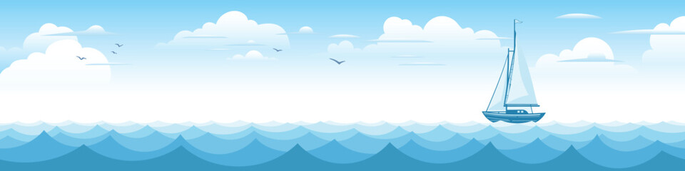 Fototapeta premium Seascape with sailing yacht, picturesque sky, summer vacation, vector cartoon, panoramic view 