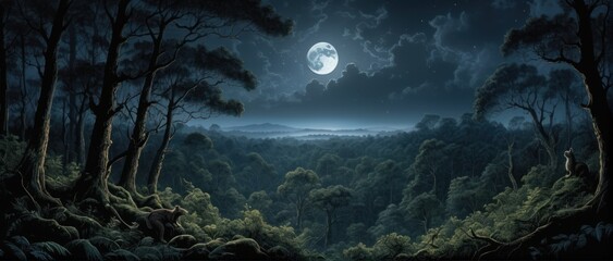 Obraz na płótnie Canvas Night forest illustration: Dark, lush trees, hidden moon