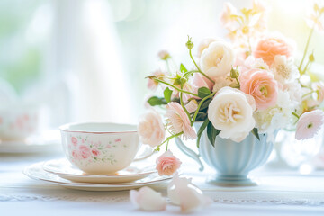 Elegant birthday table setting with floral centerpieces and delicate china, soft pastel colors for a sophisticated and tranquil background, natural light - Powered by Adobe