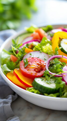 Top view of a colorful salad bowl, focusing on the fresh ingredients and vibrant dressing, clean and bright background to emphasize health and nutrition