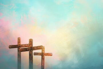Rustic Wooden Crosses Against Textured Sky, Three rustic wooden crosses stand silhouetted against a...