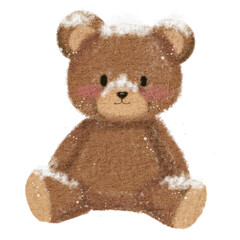 brown teddy bear with snow for winter christmas day crayon brush