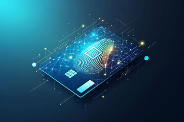 Bank Card with Fingerprint Authentication Concept. Bank card with an illuminated fingerprint overlay, symbolizing advanced security technology in financial transactions. Horizontal illustration
