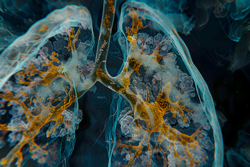 Illustration of MRI scan image of lungs with fibrosis highlighting the fibrotic changes and structural abnormalities.