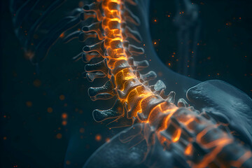 illustration of a back MRI focusing on the lumbar spine highlighting the vertebrae and discs.