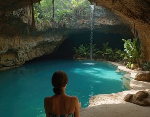 woman enjoying her vacation in a tropical cave, with a serene pool of water nearby