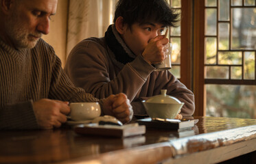 People enjoying tea in teahouse. Seoul, Korea
