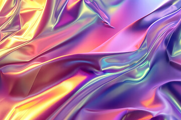 Metallic Sheen of Iridescent Fabric Folds. A close-up image displaying the fluid-like creases of a shiny, iridescent fabric. The material reflects light