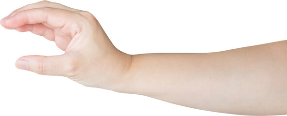 Woman hand gesture holding something isolated on white background