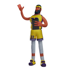    3D illustration. Cute 3D Cartoon Basketball Athlete holding a tablet. with a waving hand pose. showing a cute smiling expression. 3D Cartoon Character
